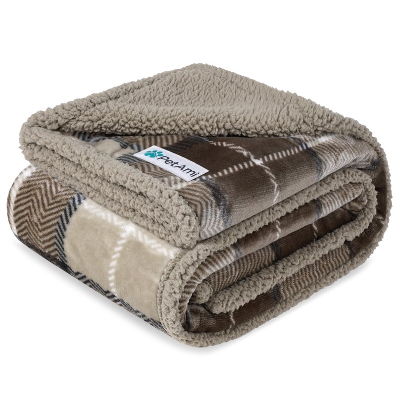 PetAmi Waterproof Dog Blanket for Medium Large Dog Puppy Cat Throw for Couch Cover Leakproof Protection, Sherpa Fleece, Reversible Soft Washable 60x40 Plaid Taupe - Image 1